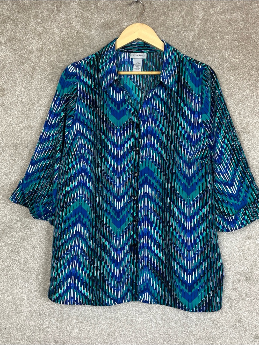 Catherines Shirt Womens 0X Blue 3/4 Sleeve Button Front Lightweight- 5308